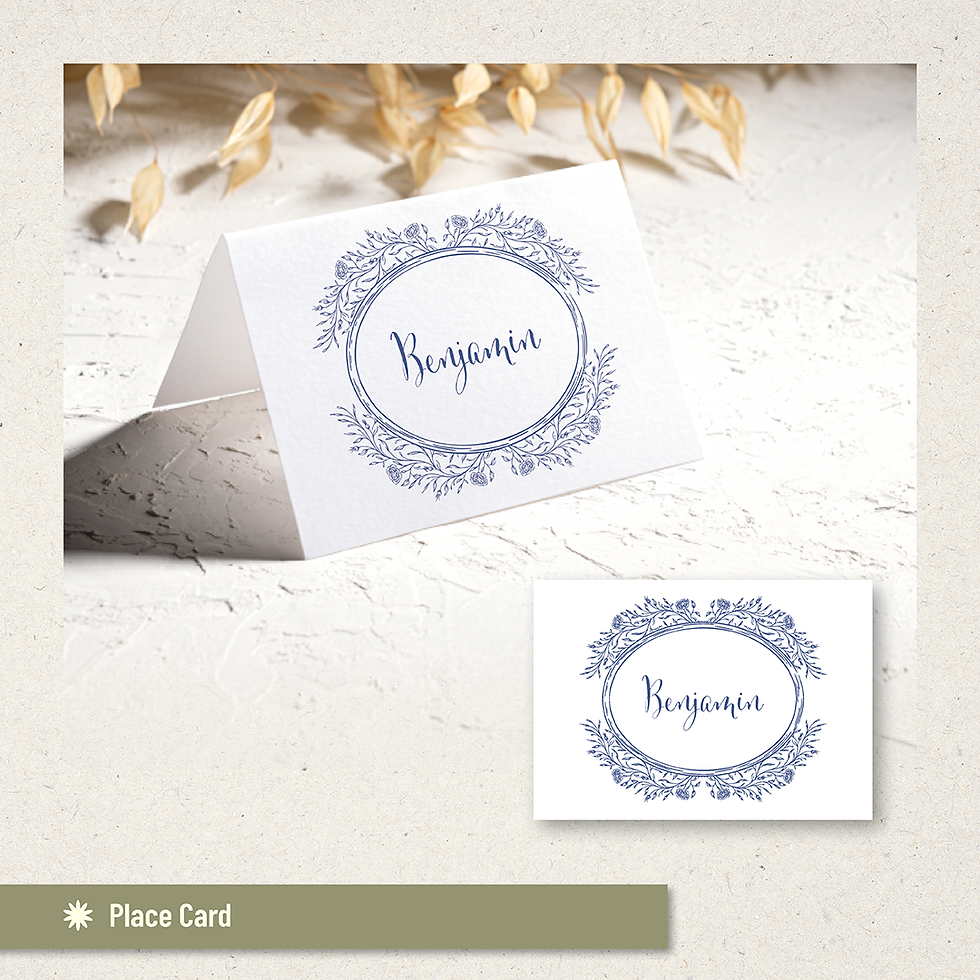 Thumbnail: Wedding Place Name Card - Floral wedding invitation with white botanical wreath and personalised monogram