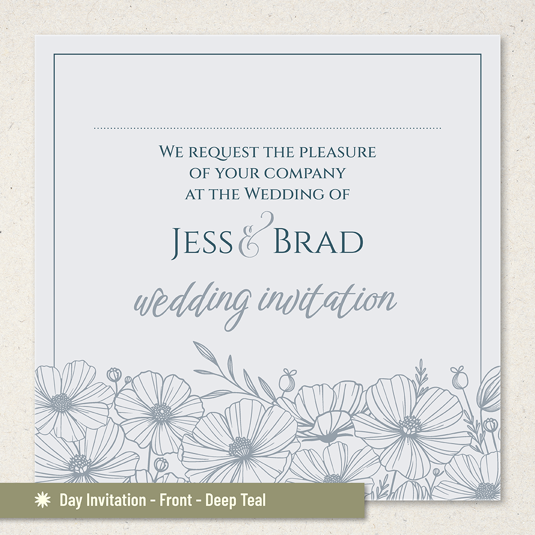 Day Wedding Invitation - Poppy - Deep Teal with hand drawn illustration