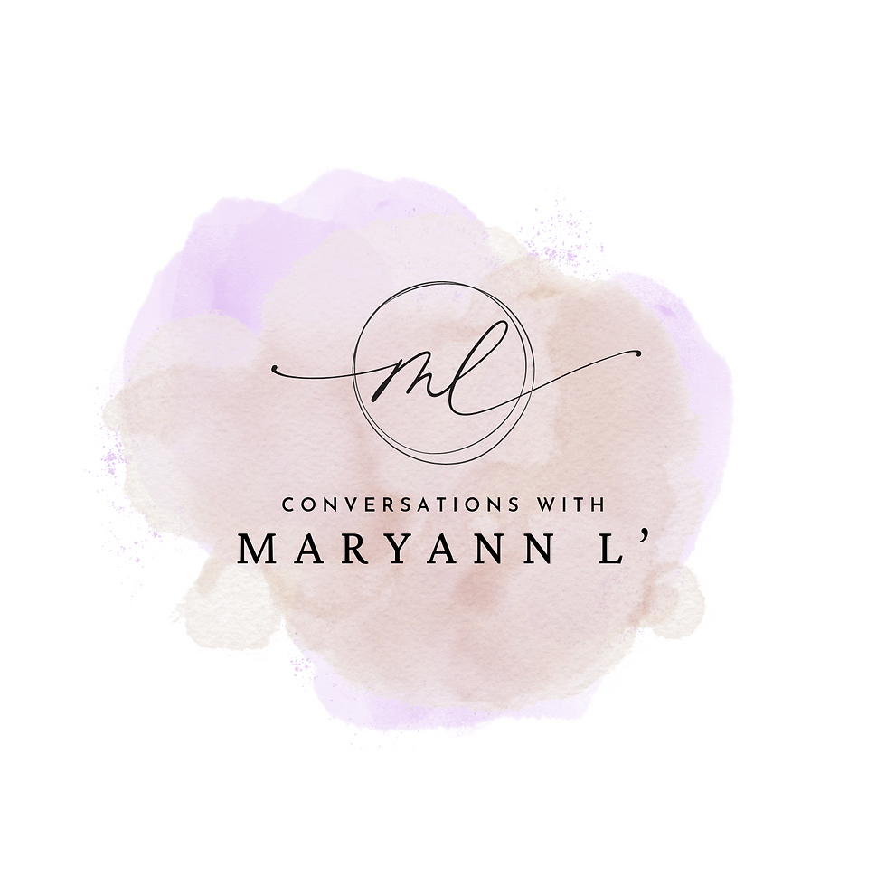 Conversations with Maryann L' logo with ML initials in a circle and watercolor splash in the background
