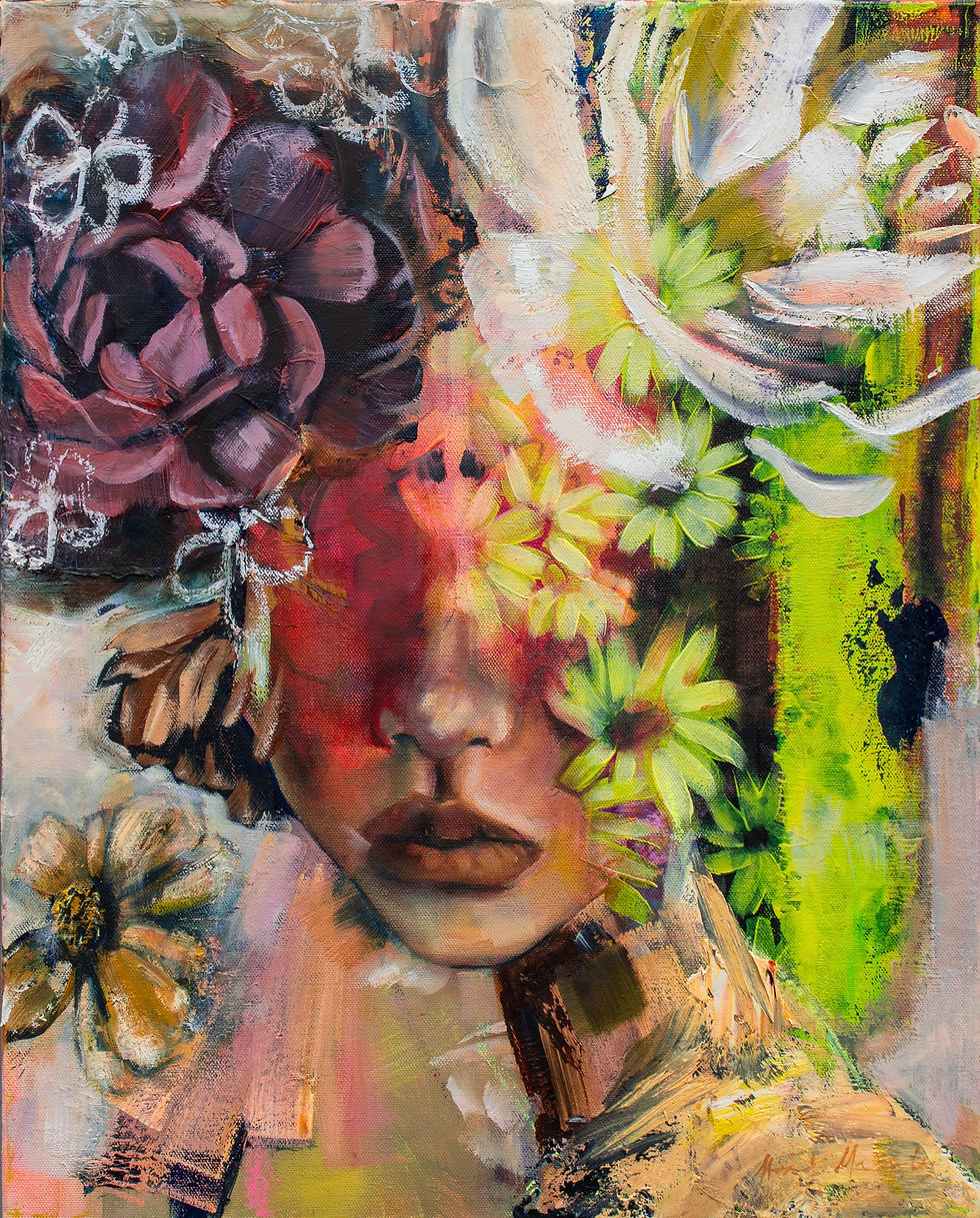 A woman's face built up with flowers and bright greens and reds
