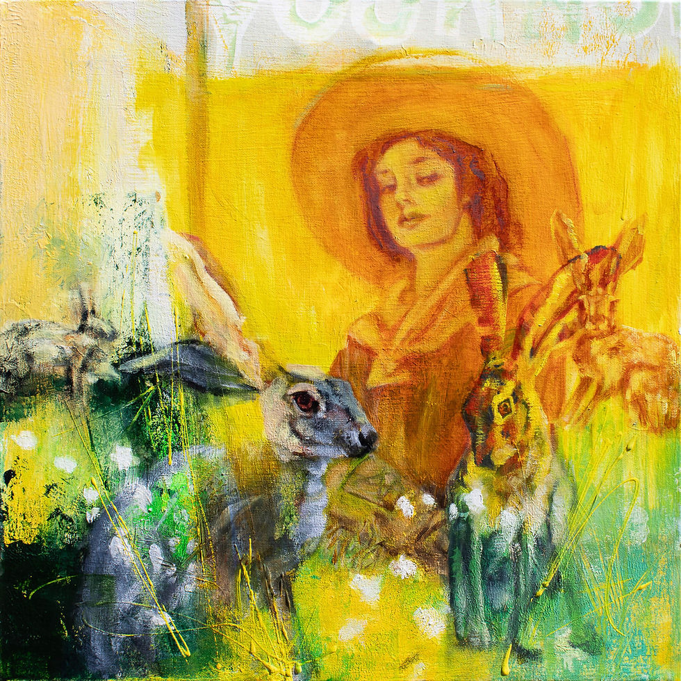"Jack of all Trades" by Mandi Murphy. "A luminous mixed media painting bathed in golden sunshine, featuring a serene woman in a wide-brimmed yellow hat, her eyes gently close in peaceful communion with nature. Ahes surrounded by wildlife- jackrabbbits- all melding together to in a dreamy meadow landscape. The composition glows with warm amber and honey tones in the upper portion, transitioning to vibrant greens and wouches of white. The loose expressive brushstrokes in the background contrast with the more detailed rendering of the subjects, creating the balance between abstraction and realism that defines Mandi Murphy's work."