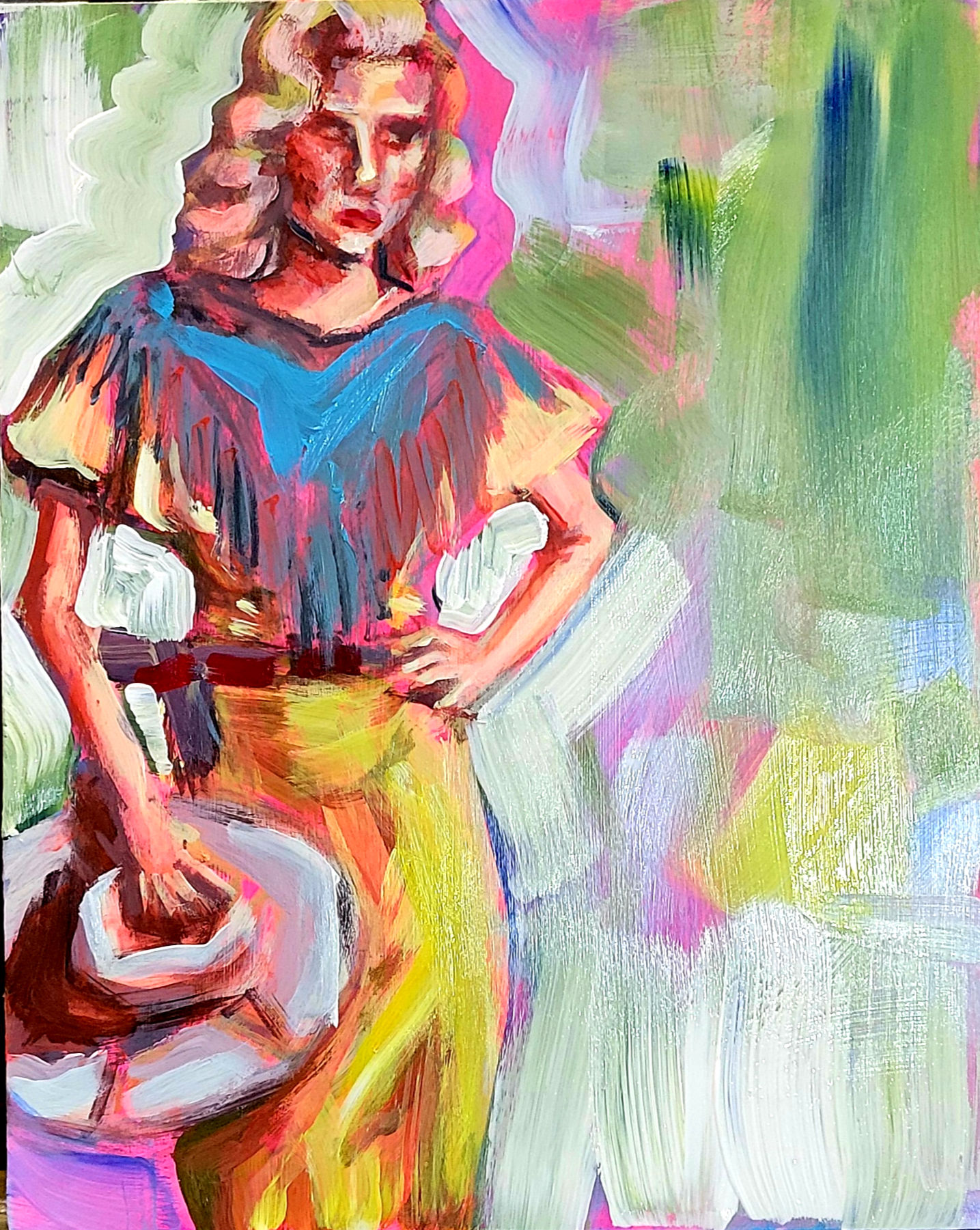 woman holding a cowgirl hat in yellow dress and an abstract background