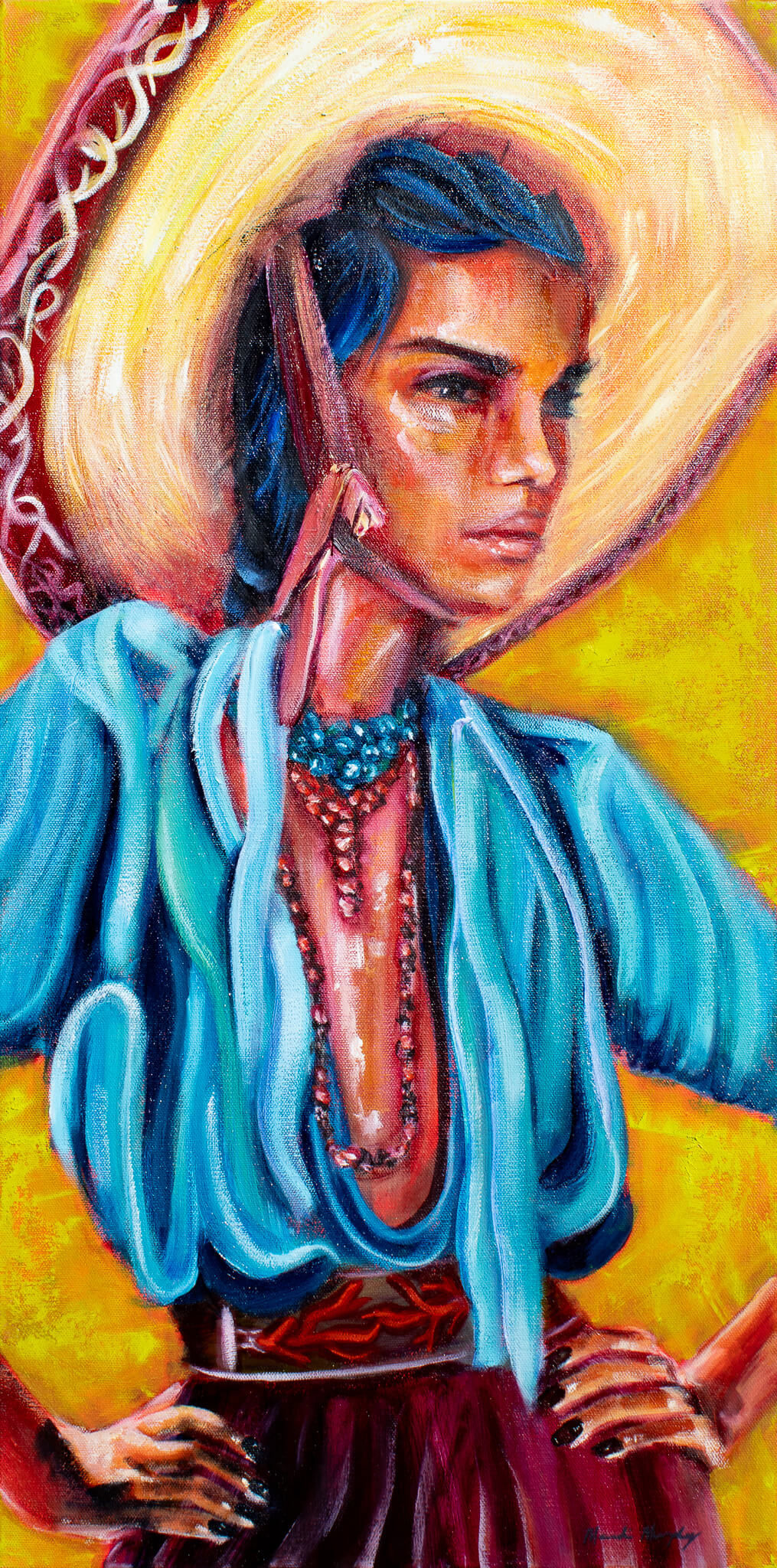 A striking figure wearing a traditional sombrero with a golden halo-like effect surrounding it. The subject has blue-streaked