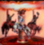 Three cowboys ridding bucking broncos on a merry go round