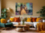 The painting wallflower is hung above a couch in a cozy living room