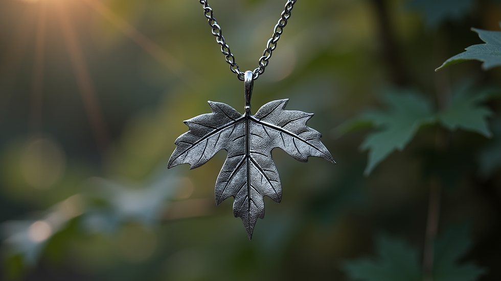 Close-up view of a silver maple leaf pendant on a delicate chain