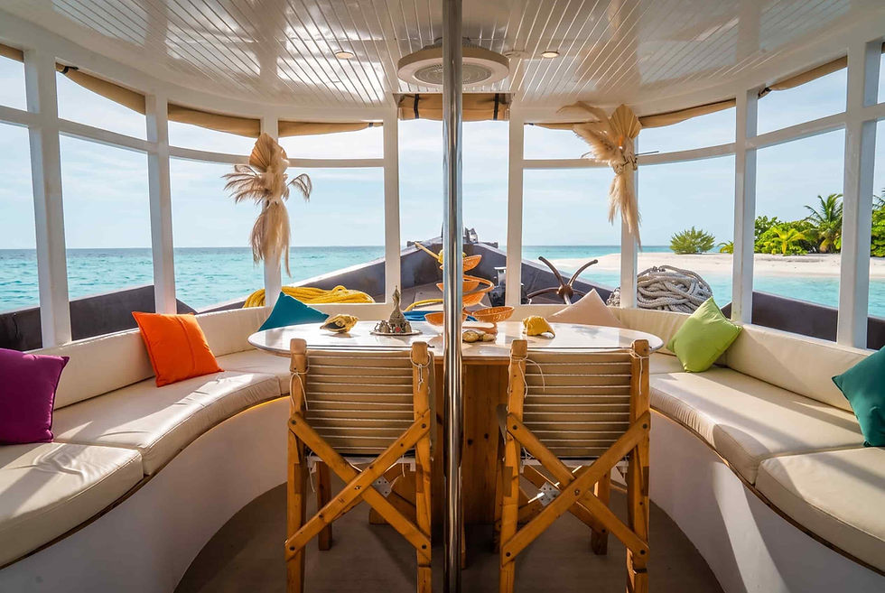 Eye-level view of a luxury yacht cruising turquoise waters near Male City