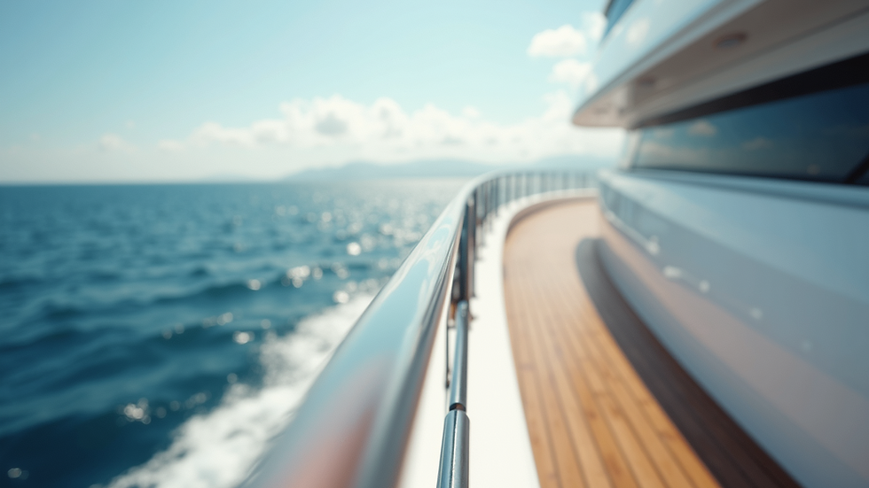 Close-up view of luxury yacht deck with ocean in the background