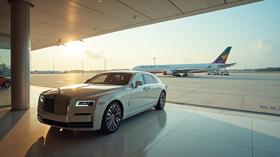 High angle view of a luxury car waiting at the Maldives airport terminal