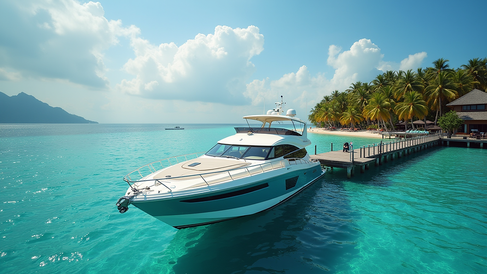 Eye-level view of a luxury speedboat docked at a tropical island jetty