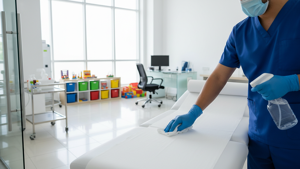 Close-up view of a professional cleaner disinfecting a medical examination table
