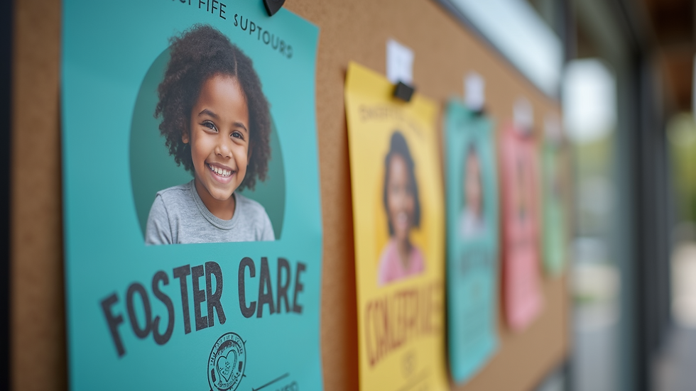 Close-up view of a community bulletin board with foster care support flyers