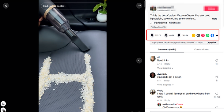 This TikTok shows a portable car vacuum cleaning rice from a car seat. With 737.7K likes and 109.6K saves, it's clear these products are extremely popular. The paid partnership post highlights how practical car cleaning gadgets generate massive consumer interest and engagement online.
