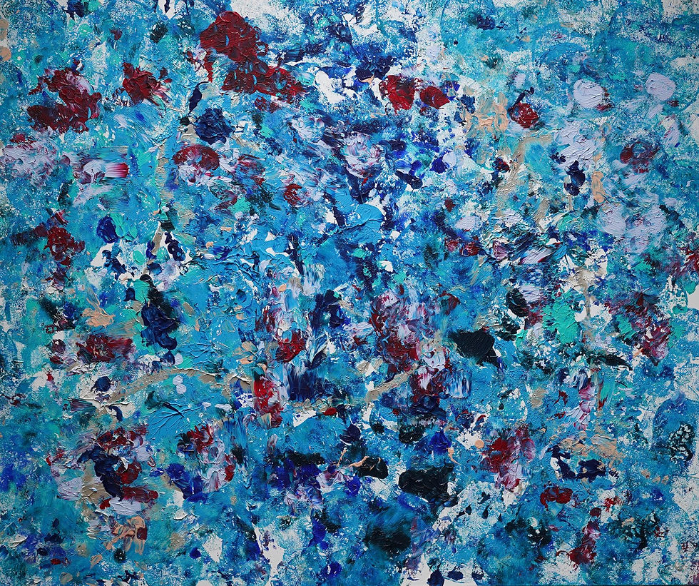Fine art abstract painting titled Ex Nihilio Omnia with blue, red, violet, and pastel tones with layers by Octavia Wild