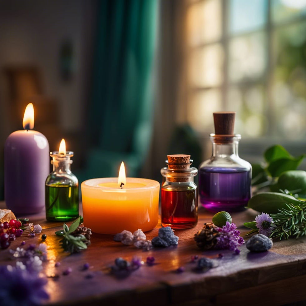 Candles and essential oils on a table.