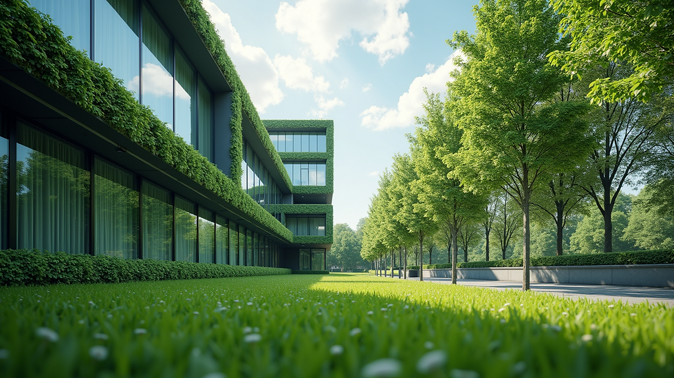 Eye-level view of a modern building with green architecture features