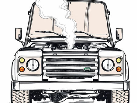 Illustration of a classic Land Rover Defender with the bonnet open and engine overheating, steam rising from the engine bay — used to highlight common maintenance issues or cooling system problems