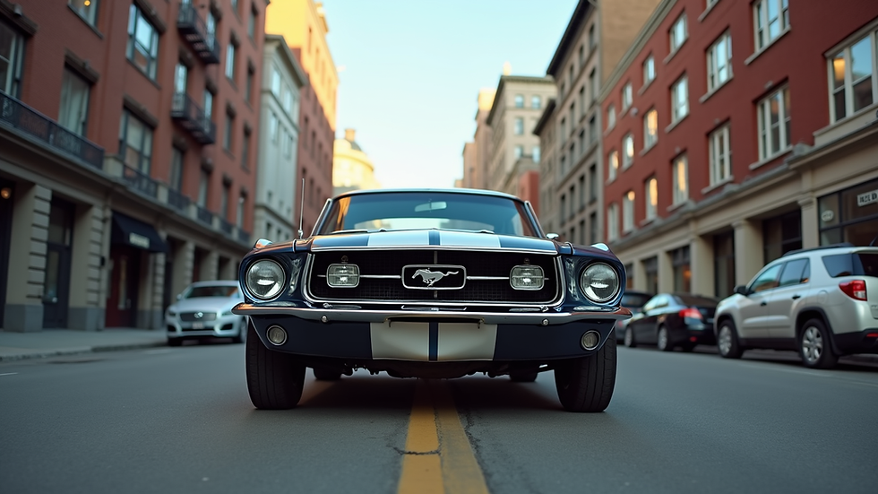 Eye-level view of a 1967 Eleanor Mustang parked on a city street