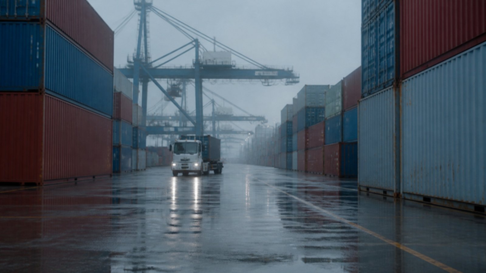 Rain-soaked container terminal yard