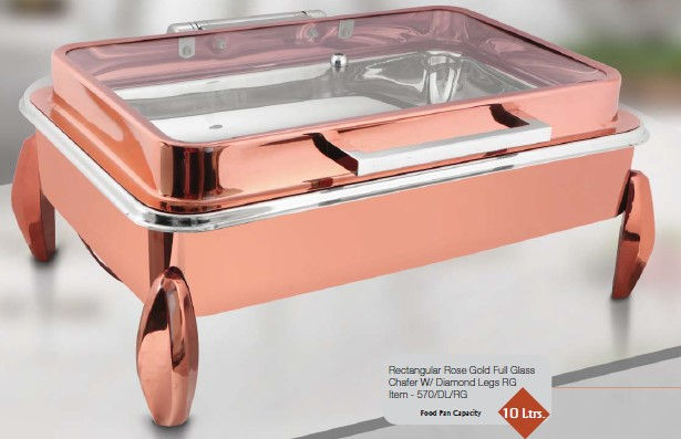 RENTANGULAR ROSE GOLD FULL GLASS CHAFER WITH DIAMOND LEGS RG