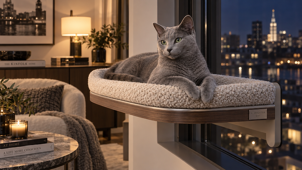A relaxed Russian Blue cat resting on a plush elevated window perch in a warm, elegant living room at night, with city lights visible through the window.