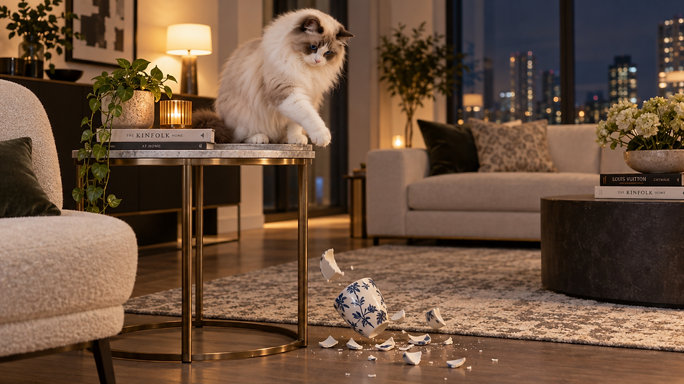 Ragdoll cat perched on a modern side table beside a shattered ceramic cup in an elegant living room at night.