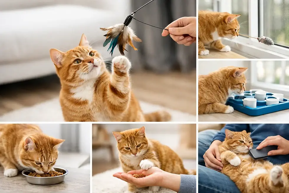 5 minute cat activities: a collage of an indoor cat enjoying interactive play, window watching, puzzle feeding, scent exploration, hand feeding, and gentle grooming to support indoor cat wellness and enrichment.