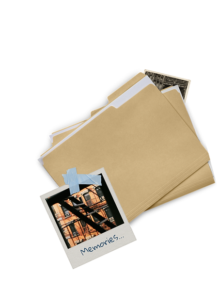 Scrapbook collage of old folders and a Polaroid photograph labelled “Memories,” representing memory and family history in The Places We Go to Disappear