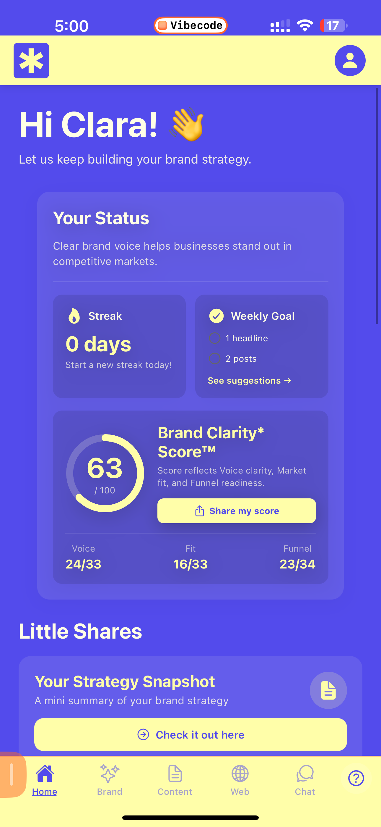 Clarity for Business welcome screen—AI brand strategist setup for founders building an international business strategy