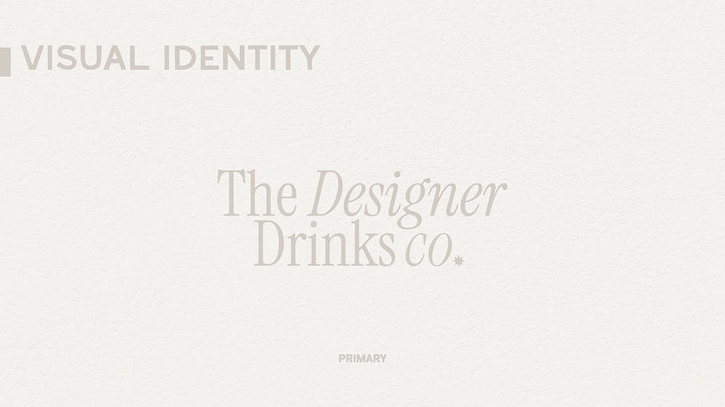 Brand presentation mockup for The Designer Drinks Co. with understated editorial layout, monochrome ingredient motifs, and luxury drinks industry styling.