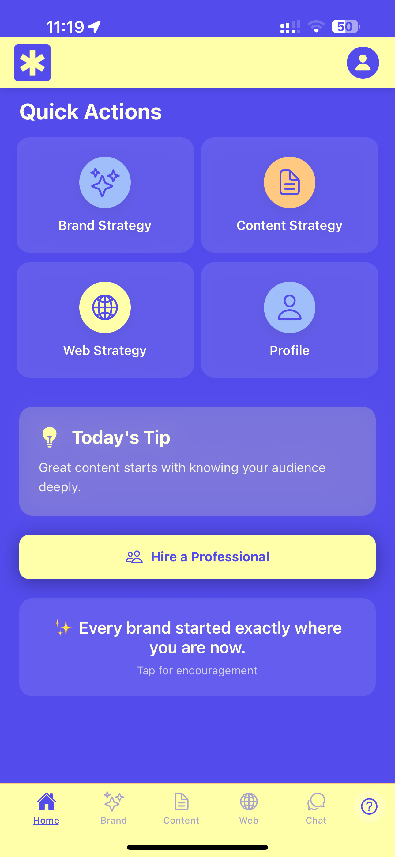 One-time profile setup in Clarity—inputs for industry, audience, and USP to power international business strategy