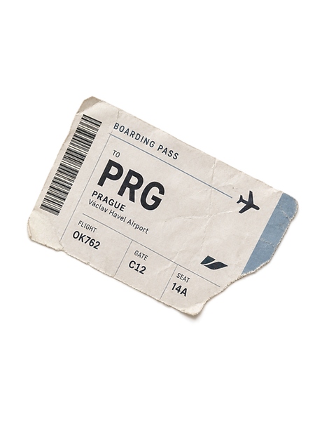 Worn boarding pass to Prague from the visual world of The Places We Go to Disappear