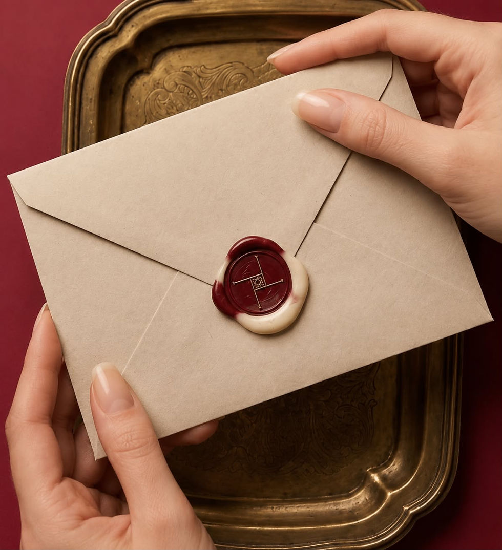 Hands holding a cream envelope finished with a deep red wax seal