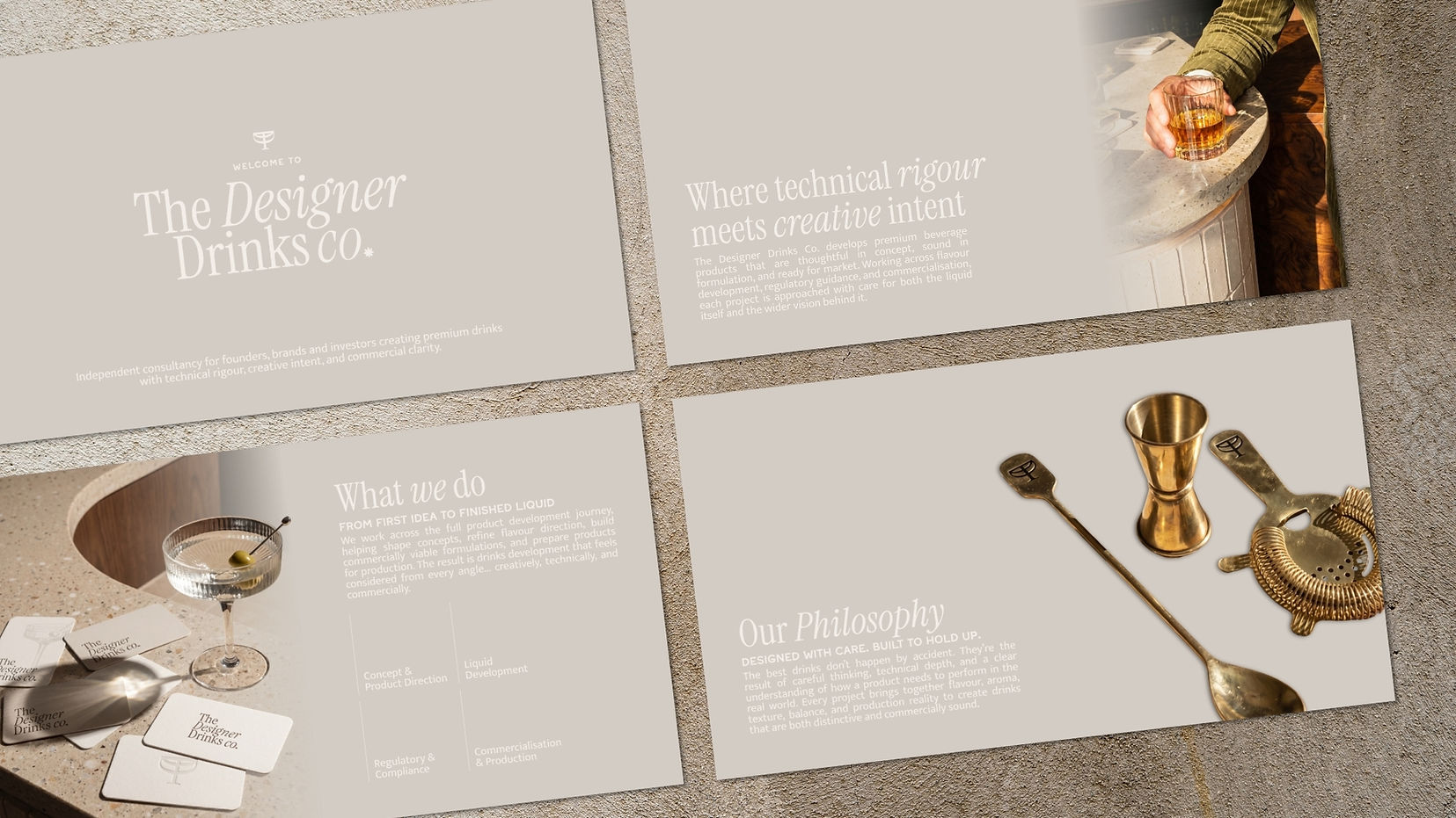The Designer Drinks Co. brand identity featuring elegant serif typography, soft cream background, and subtle ingredient-inspired motifs for a refined drinks consultancy.