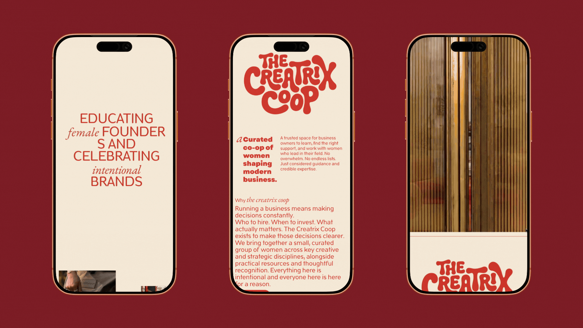 Creatrix Coop homepage mockup showing the women led B2B specialist directory with lane based navigation, clean typography, and an editorial layout.