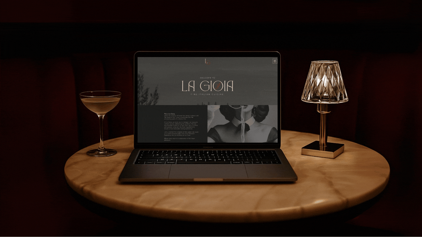 Hospitality branding for La Gioia by a creative director and brand strategist, presenting a refined identity system for a fine dining experience.