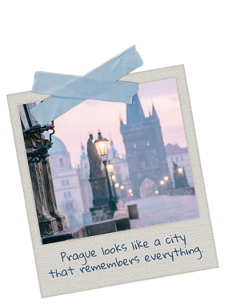 Polaroid-style photograph of Prague near Charles Bridge with the words “Prague looks like a city that remembers everything”