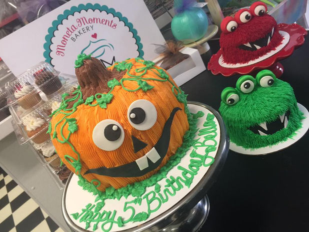 Halloween pumpkin and monster nut and peanut free cakes by Moneta Moments