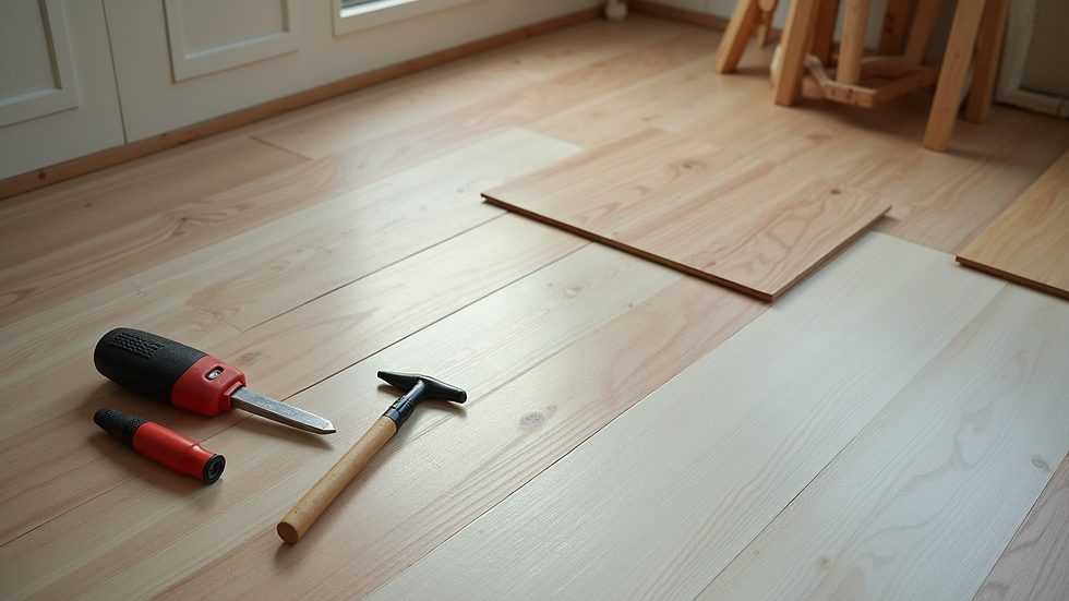 High angle view of tools and vinyl flooring materials laid out for installation