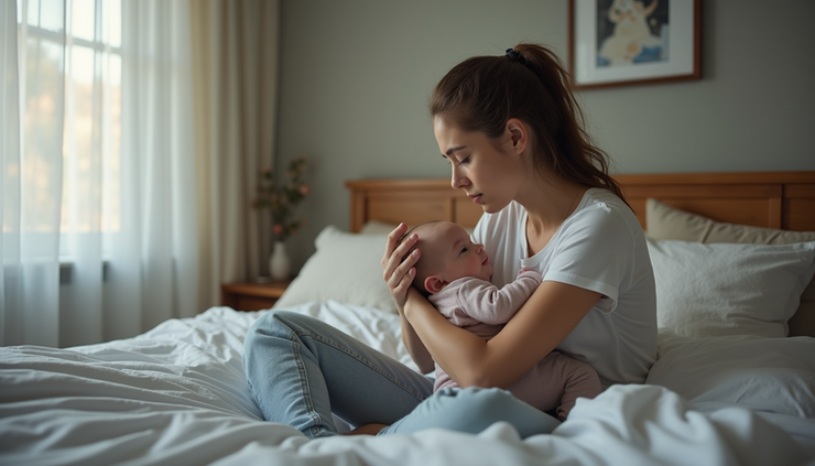 Eye-level view of a mother sitting on a bed looking tired while holding her baby