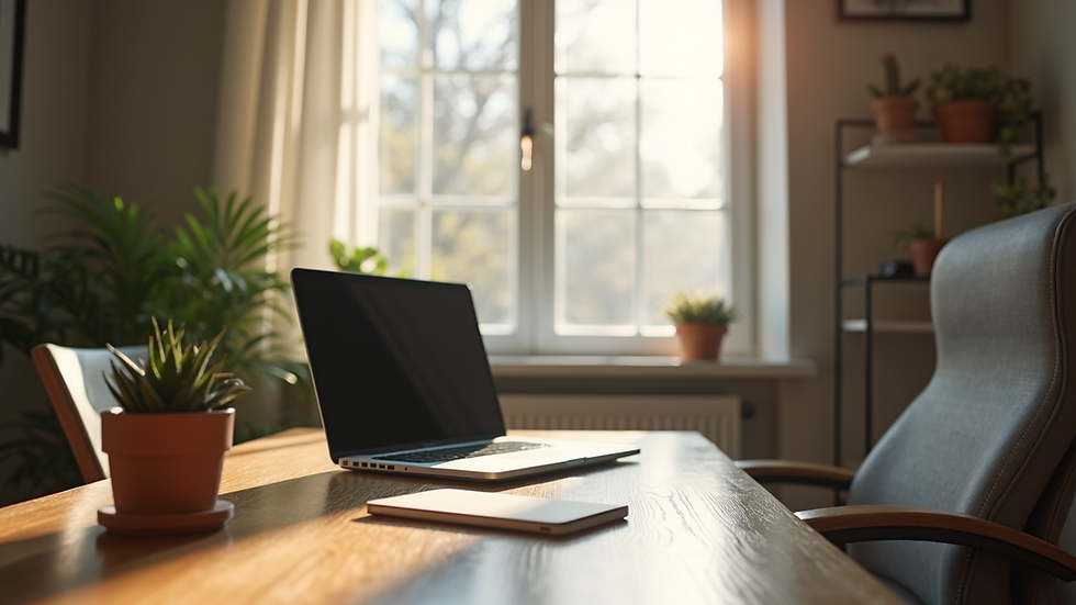 Eye-level view of a cozy home workspace set up for a productive work-from-home environment