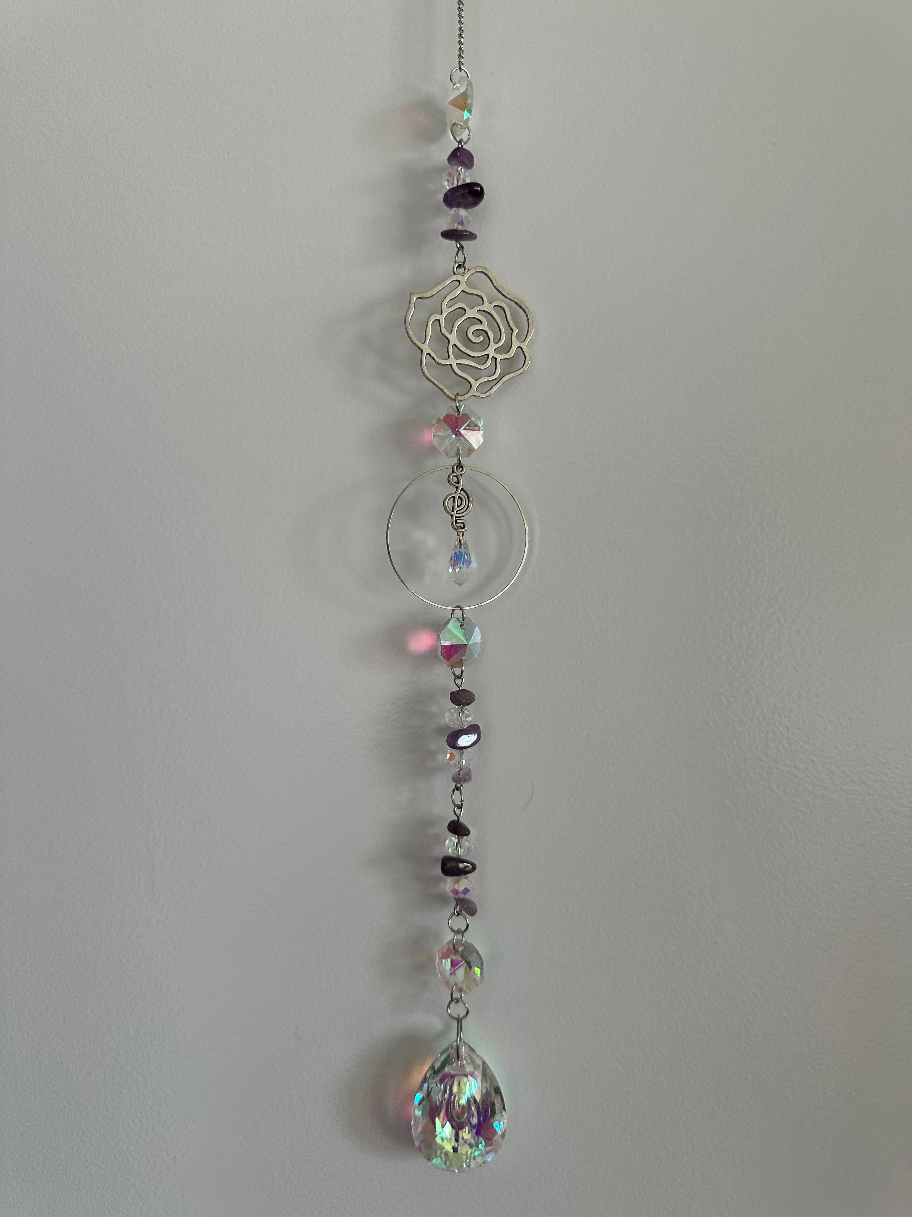 Silver Rose & Amethyst Prism Suncatcher