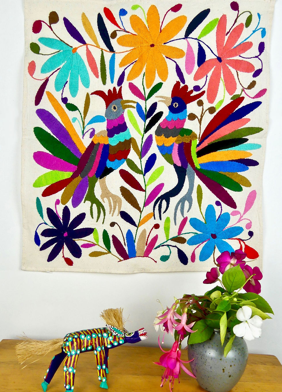 Thumbnail: ROOSTERS Embroidered  Otomi Wallhanging
