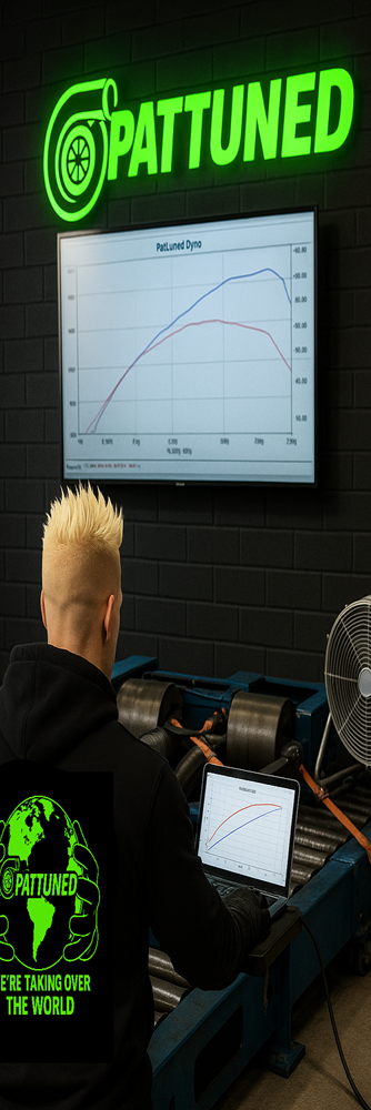 A man types on a laptop displaying the word "patuneded" on the screen, focused on his work.