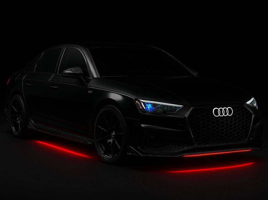 Black car with red and blue underglow