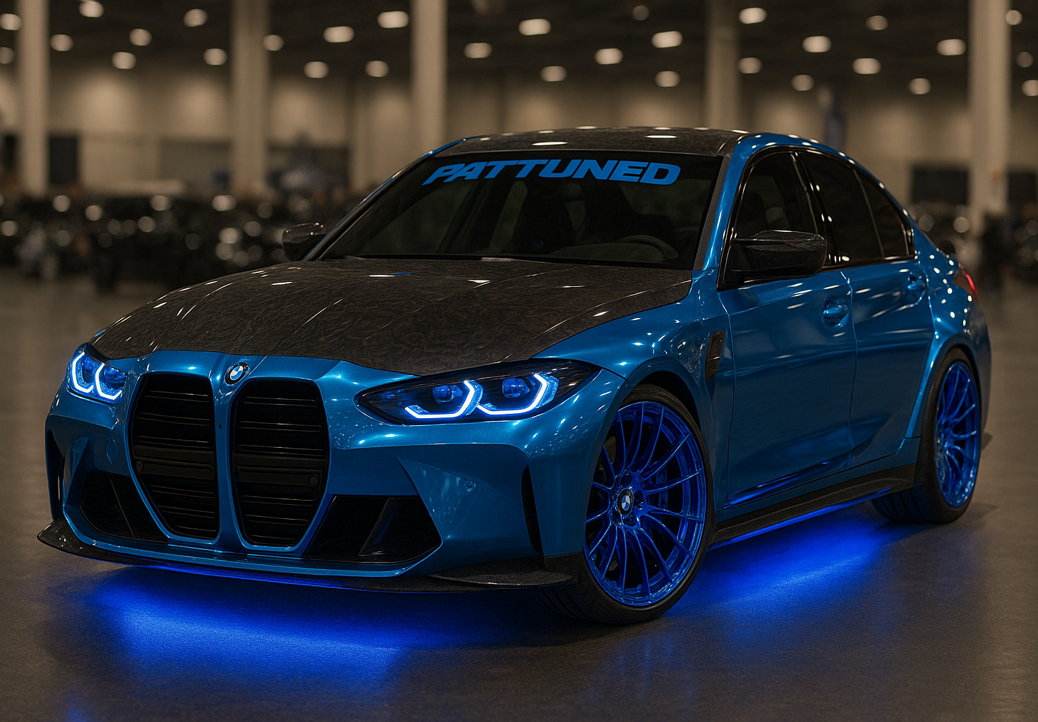 Blue car with open doors and blue lights