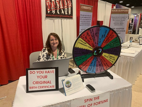 Legislators learn about the variety of state laws regarding records access by spinning the Adoptee Wheel of Fortune or Misfortune. We were honored to have mom advocate Renee Gelin, founder of Saving our Sisters at the wheel.