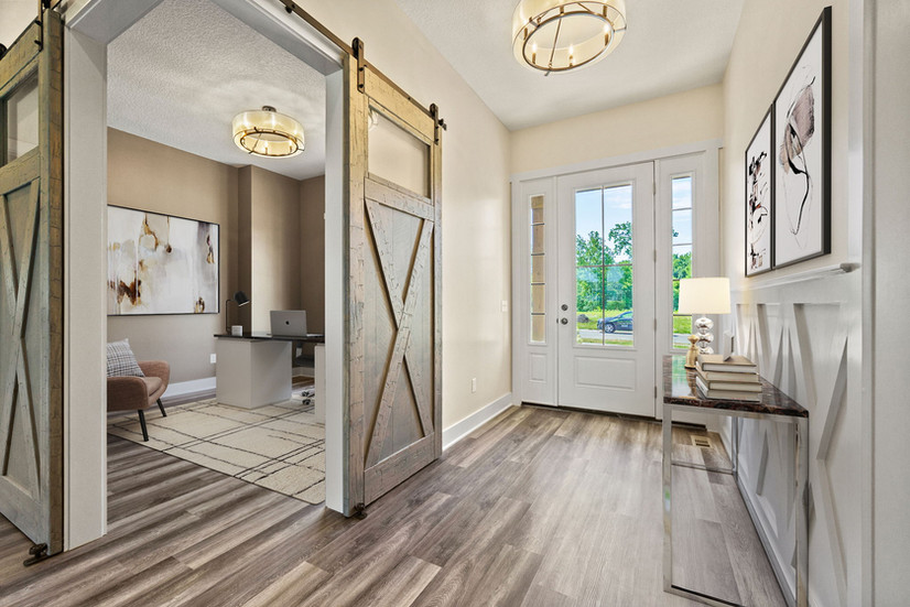 Front Entryway - Front Foyer - Front Office - Interior Barn Doors - Wainscoting - Quality Crafted Homes - the cliffs - the cliffs of rolling oaks - woodland reserve