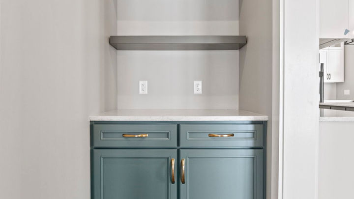 Coffee Bar - Quality Crafted Homes - Floating Shelves - Custom Cabinets - Green Cabinets - Stained Wood Shelves - Custom Home - Fort Wayne Homebuilder