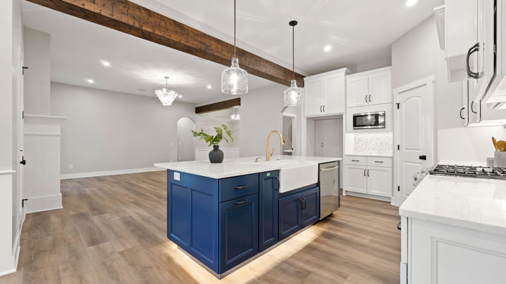 New Home - Custom Home - Large Kitchen - Custom Home Builder, Fort Wayne - Indiana - Custom Kitchen- Navy Cabinets - Kitchen Beam -Fort Wayne - Indiana